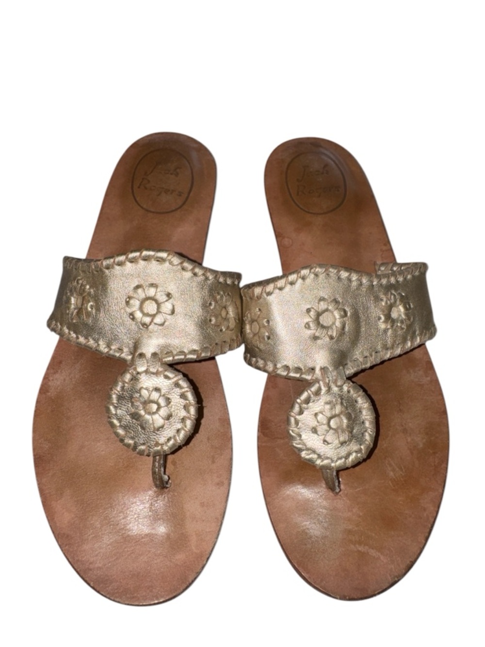 Jack Rogers Gold Leather Thong Sandals Whipstitch Medallion Size 8